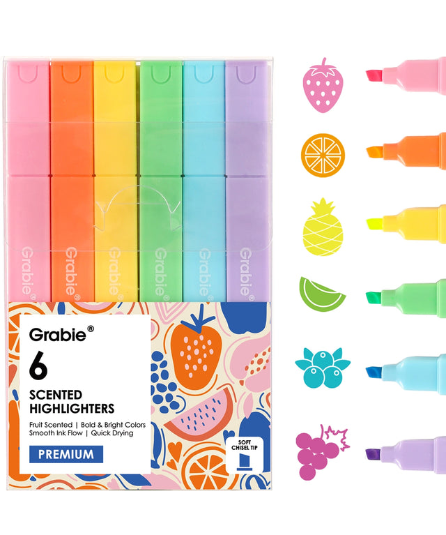 Add a pop of vibrant color and a burst of fruity fragrance to your notes with the Grabie 6 Scented Highlighters set! These premium highlighters combine bold neon inks with a smooth, smudge-free formula that is perfect for studying, planning, and creative journaling.

6 DELICIOUS FRUIT SCENTS - Make your notes smell as good as they look! Each of the six highlighters features its own unique, delightful fruit fragrance corresponding to its neon color: strawberry, orange, lemon, apple, blueberry, and grape.
FAS