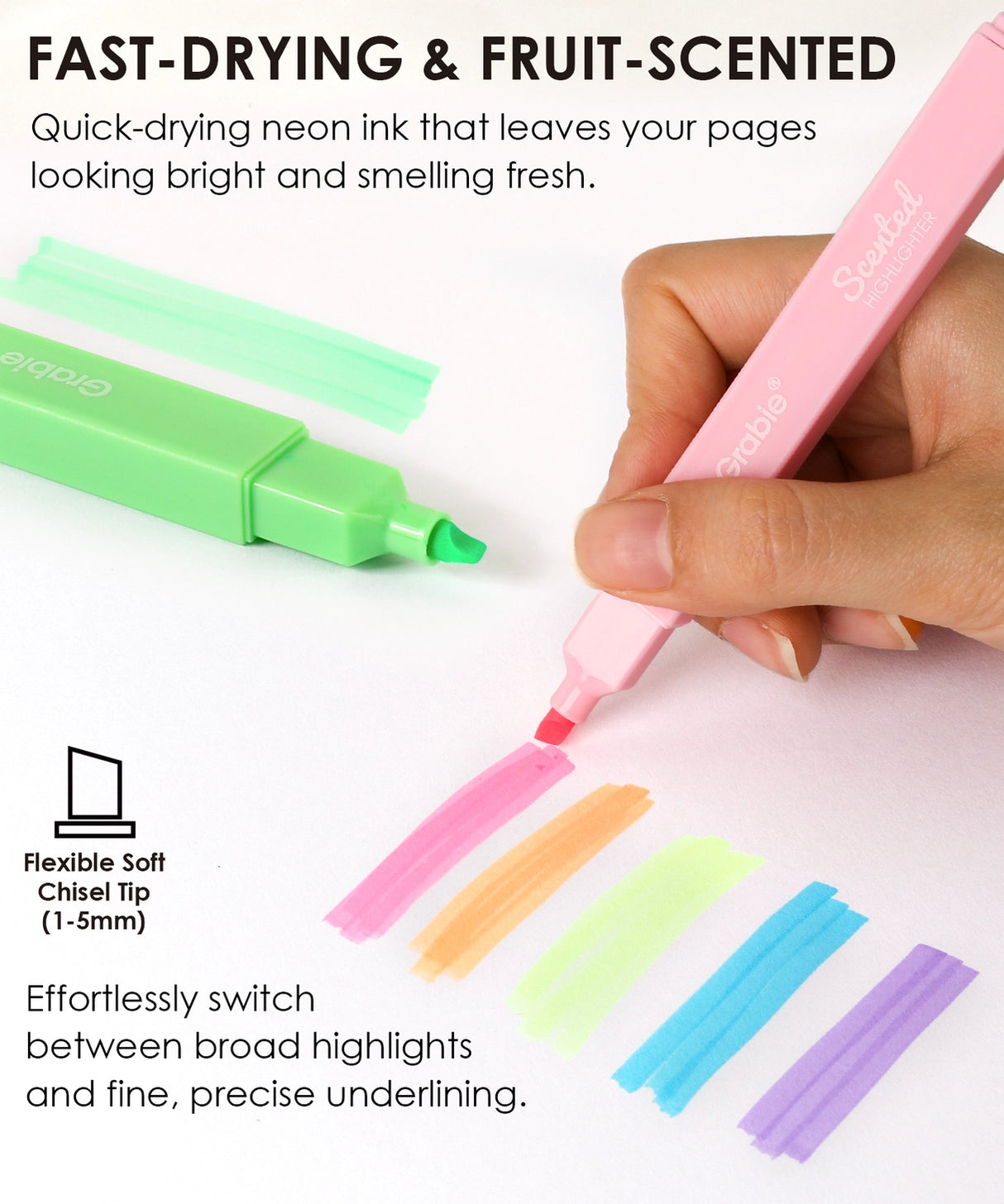 Add a pop of vibrant color and a burst of fruity fragrance to your notes with the Grabie 6 Scented Highlighters set! These premium highlighters combine bold neon inks with a smooth, smudge-free formula that is perfect for studying, planning, and creative journaling.

6 DELICIOUS FRUIT SCENTS - Make your notes smell as good as they look! Each of the six highlighters features its own unique, delightful fruit fragrance corresponding to its neon color: strawberry, orange, lemon, apple, blueberry, and grape.
FAS
