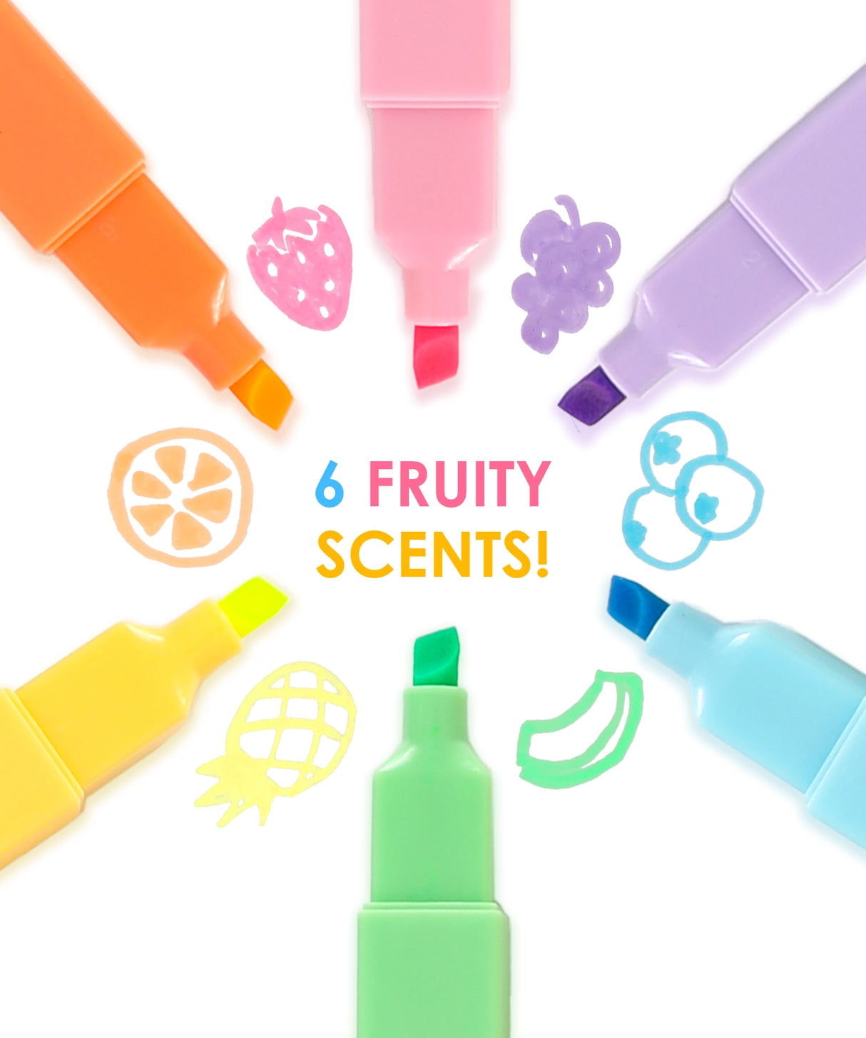 Add a pop of vibrant color and a burst of fruity fragrance to your notes with the Grabie 6 Scented Highlighters set! These premium highlighters combine bold neon inks with a smooth, smudge-free formula that is perfect for studying, planning, and creative journaling.

6 DELICIOUS FRUIT SCENTS - Make your notes smell as good as they look! Each of the six highlighters features its own unique, delightful fruit fragrance corresponding to its neon color: strawberry, orange, lemon, apple, blueberry, and grape.
FAS