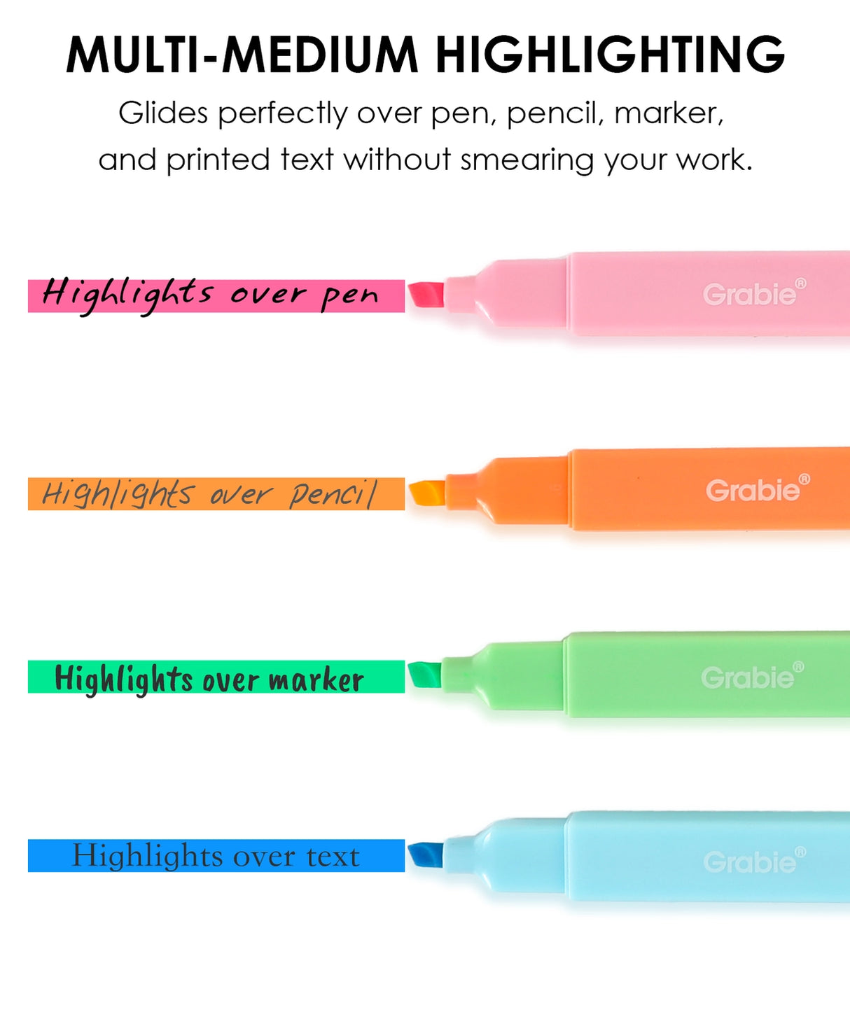 Add a pop of vibrant color and a burst of fruity fragrance to your notes with the Grabie 6 Scented Highlighters set! These premium highlighters combine bold neon inks with a smooth, smudge-free formula that is perfect for studying, planning, and creative journaling.

6 DELICIOUS FRUIT SCENTS - Make your notes smell as good as they look! Each of the six highlighters features its own unique, delightful fruit fragrance corresponding to its neon color: strawberry, orange, lemon, apple, blueberry, and grape.
FAS