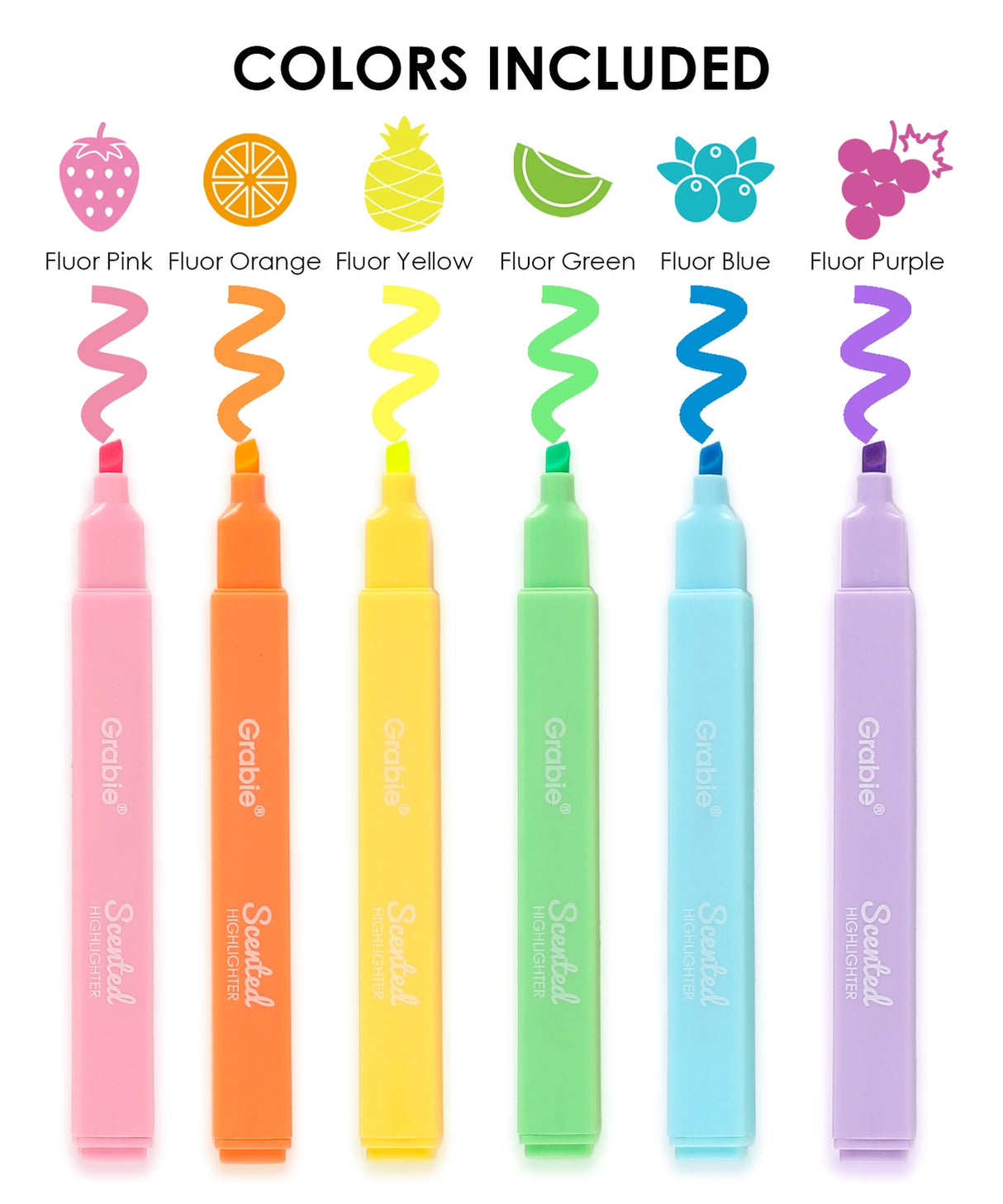 Add a pop of vibrant color and a burst of fruity fragrance to your notes with the Grabie 6 Scented Highlighters set! These premium highlighters combine bold neon inks with a smooth, smudge-free formula that is perfect for studying, planning, and creative journaling.

6 DELICIOUS FRUIT SCENTS - Make your notes smell as good as they look! Each of the six highlighters features its own unique, delightful fruit fragrance corresponding to its neon color: strawberry, orange, lemon, apple, blueberry, and grape.
FAS