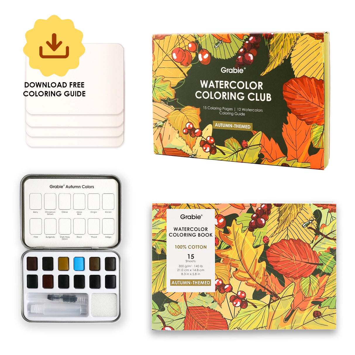 Introducing the "Autumn-Themed Watercolor Coloring Club Box," a charming set for all ages. It includes a 12-color watercolor pocket set inspired by fall and a 15-sheet coloring pad—perfect for capturing the season’s warmth.

Capture Autumn's Beauty - Celebrate autumn with 12 carefully selected shades inspired by the season. The included 15-sheet coloring pad gives you the ideal surface to explore rich tones and seasonal charm in every brushstroke.

Premium Paper & Coloring Guide - Scan the QR code for a fre