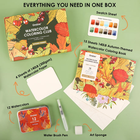 Introducing the "Autumn-Themed Watercolor Coloring Club Box," a charming set for all ages. It includes a 12-color watercolor pocket set inspired by fall and a 15-sheet coloring pad—perfect for capturing the season’s warmth.

Capture Autumn's Beauty - Celebrate autumn with 12 carefully selected shades inspired by the season. The included 15-sheet coloring pad gives you the ideal surface to explore rich tones and seasonal charm in every brushstroke.

Premium Paper & Coloring Guide - Scan the QR code for a fre