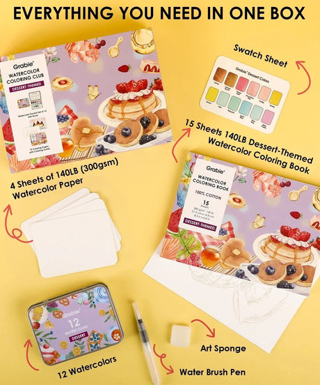 INDULGE YOUR CREATIVITY
Treat yourself to the sweetest watercolor adventure and build a colorful haven for your imagination. This delightful bundle comes with our custom 12-color Dessert palette and a whimsical coloring book featuring 15 pages of mouth-watering treats—from stacked pancakes and boba tea to elegant tiered cakes and delicate macarons. Bring these cozy, bakery-inspired scenes to life and watch your skills flourish!

A SWEET SETTING FOR CREATIVE ARTISTS
Embark on a delicious creative journey wit