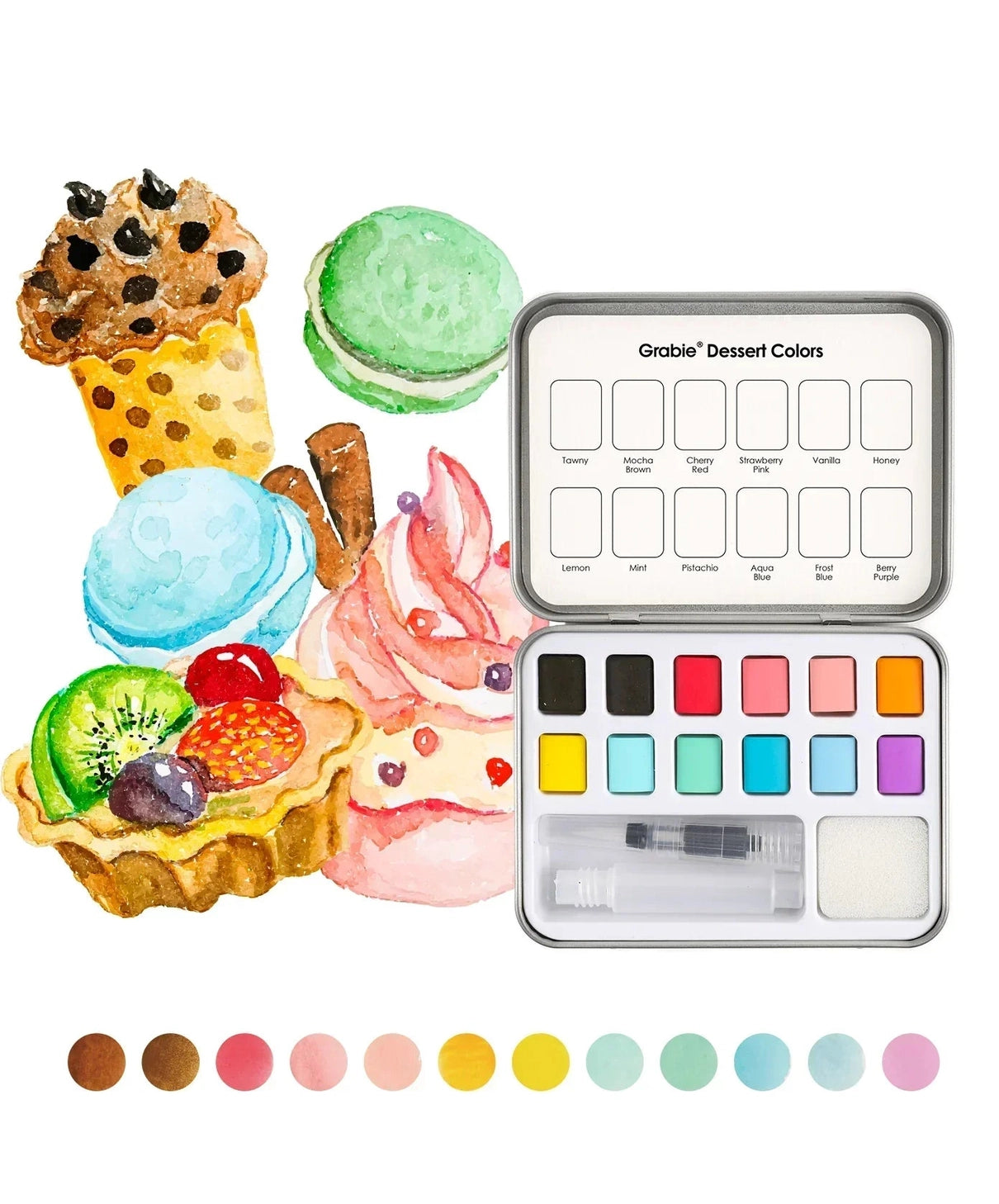 INDULGE YOUR CREATIVITY
Treat yourself to the sweetest watercolor adventure and build a colorful haven for your imagination. This delightful bundle comes with our custom 12-color Dessert palette and a whimsical coloring book featuring 15 pages of mouth-watering treats—from stacked pancakes and boba tea to elegant tiered cakes and delicate macarons. Bring these cozy, bakery-inspired scenes to life and watch your skills flourish!

A SWEET SETTING FOR CREATIVE ARTISTS
Embark on a delicious creative journey wit