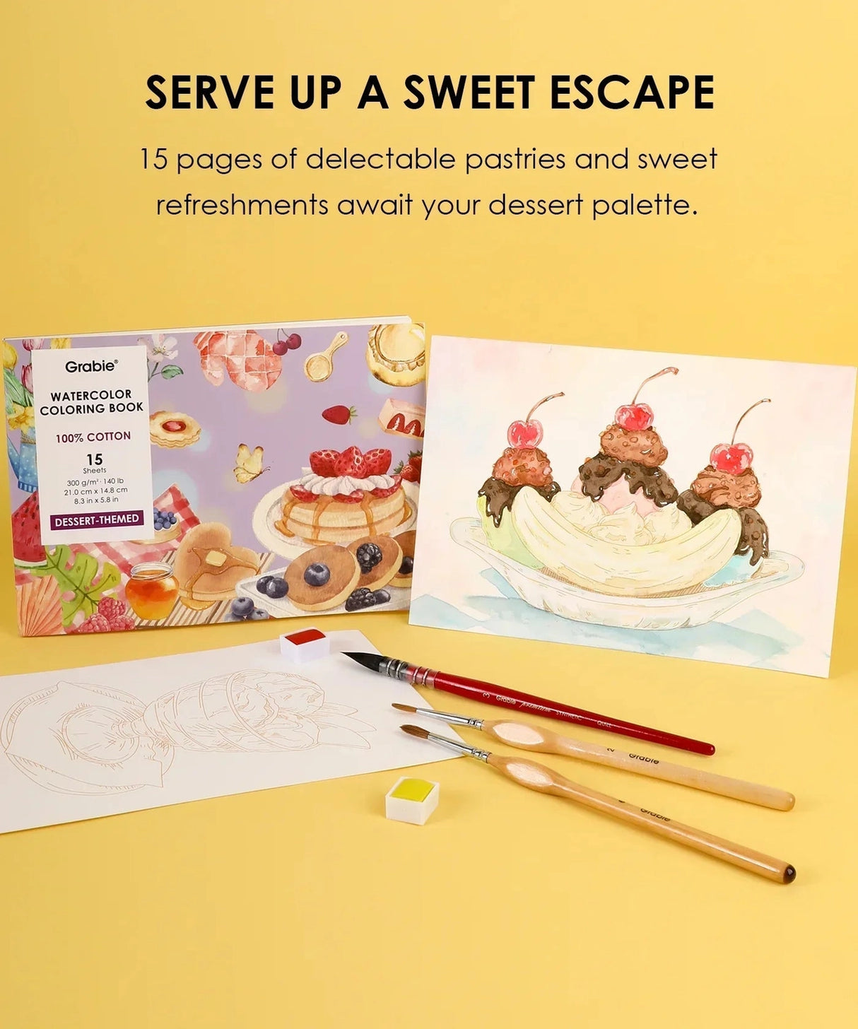 INDULGE YOUR CREATIVITY
Treat yourself to the sweetest watercolor adventure and build a colorful haven for your imagination. This delightful bundle comes with our custom 12-color Dessert palette and a whimsical coloring book featuring 15 pages of mouth-watering treats—from stacked pancakes and boba tea to elegant tiered cakes and delicate macarons. Bring these cozy, bakery-inspired scenes to life and watch your skills flourish!

A SWEET SETTING FOR CREATIVE ARTISTS
Embark on a delicious creative journey wit