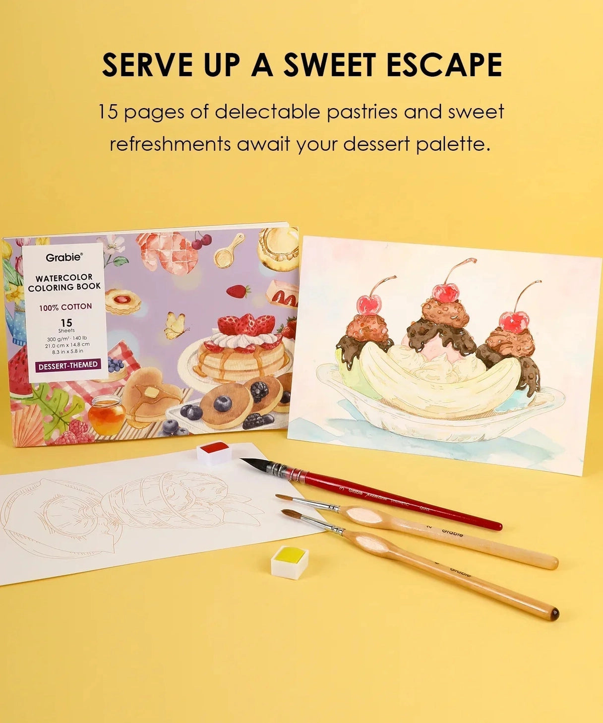 INDULGE YOUR CREATIVITY
Treat yourself to the sweetest watercolor adventure and build a colorful haven for your imagination. This delightful bundle comes with our custom 12-color Dessert palette and a whimsical coloring book featuring 15 pages of mouth-watering treats—from stacked pancakes and boba tea to elegant tiered cakes and delicate macarons. Bring these cozy, bakery-inspired scenes to life and watch your skills flourish!

A SWEET SETTING FOR CREATIVE ARTISTS
Embark on a delicious creative journey wit