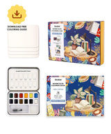 IDEAL SETTING FOR VERSATILE ARTISTS
Embark on a practical creative adventure with our meticulously curated Essential-Themed watercolor gift set. This collection features a watercolor pocket set boasting 12 essential hues, each chosen to reflect the versatility needed for all subjects—from still life to simple landscapes. Accompanied by an intricately illustrated 15-sheet watercolor coloring book, focused on daily essentials and core techniques, this ensemble invites you to explore the fundamentals of waterc