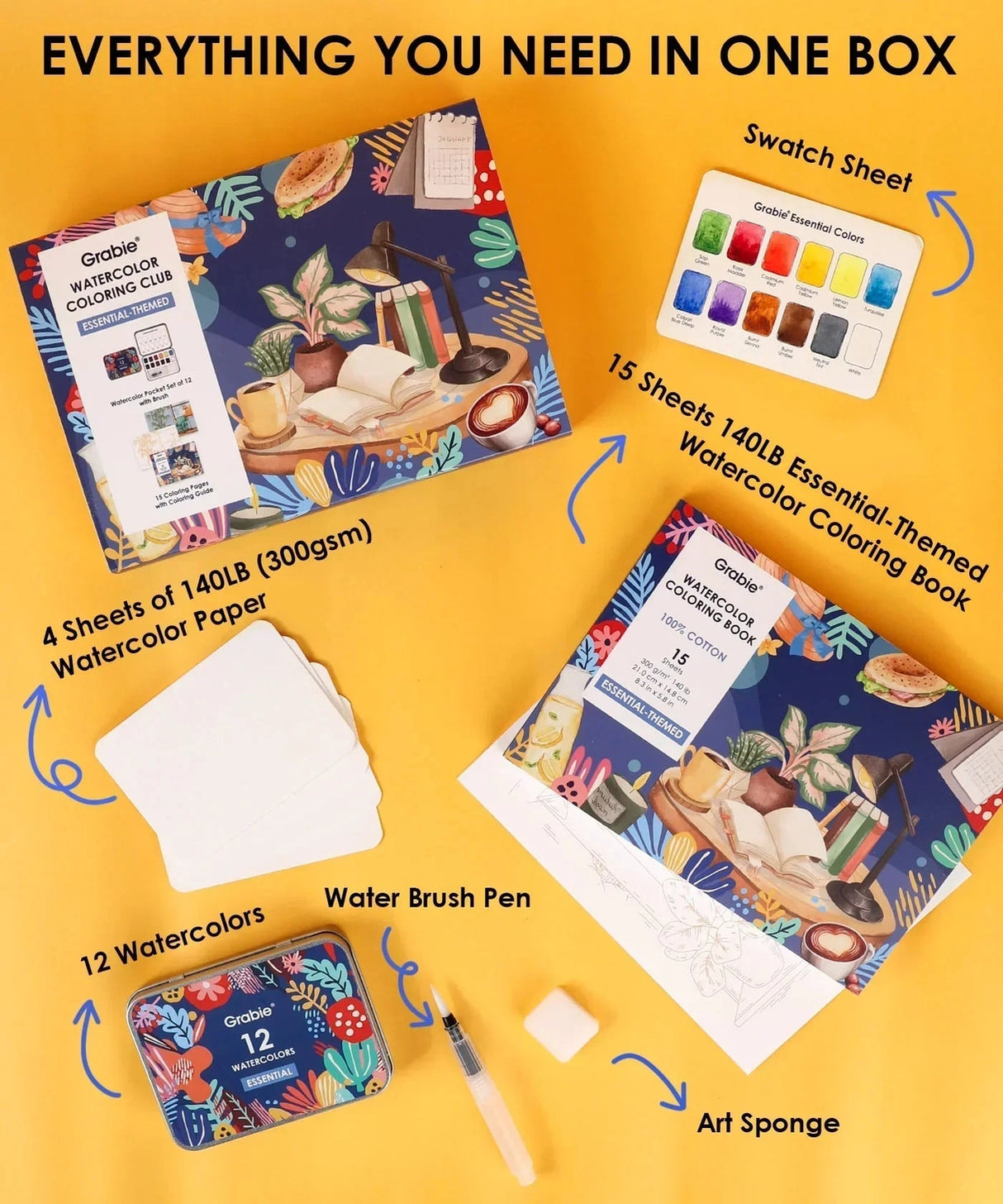 IDEAL SETTING FOR VERSATILE ARTISTS
Embark on a practical creative adventure with our meticulously curated Essential-Themed watercolor gift set. This collection features a watercolor pocket set boasting 12 essential hues, each chosen to reflect the versatility needed for all subjects—from still life to simple landscapes. Accompanied by an intricately illustrated 15-sheet watercolor coloring book, focused on daily essentials and core techniques, this ensemble invites you to explore the fundamentals of waterc