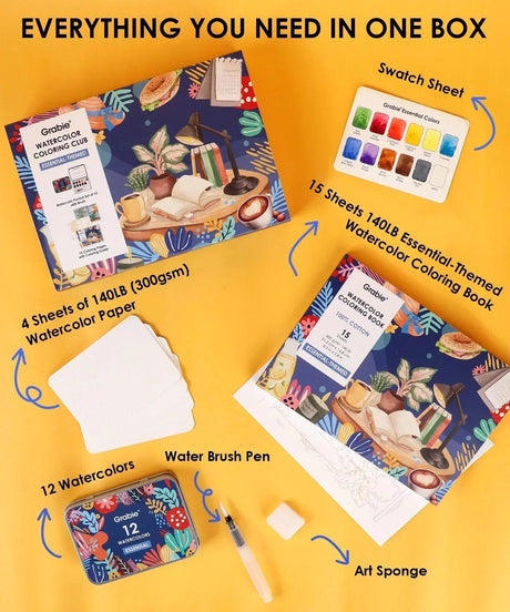 IDEAL SETTING FOR VERSATILE ARTISTS
Embark on a practical creative adventure with our meticulously curated Essential-Themed watercolor gift set. This collection features a watercolor pocket set boasting 12 essential hues, each chosen to reflect the versatility needed for all subjects—from still life to simple landscapes. Accompanied by an intricately illustrated 15-sheet watercolor coloring book, focused on daily essentials and core techniques, this ensemble invites you to explore the fundamentals of waterc