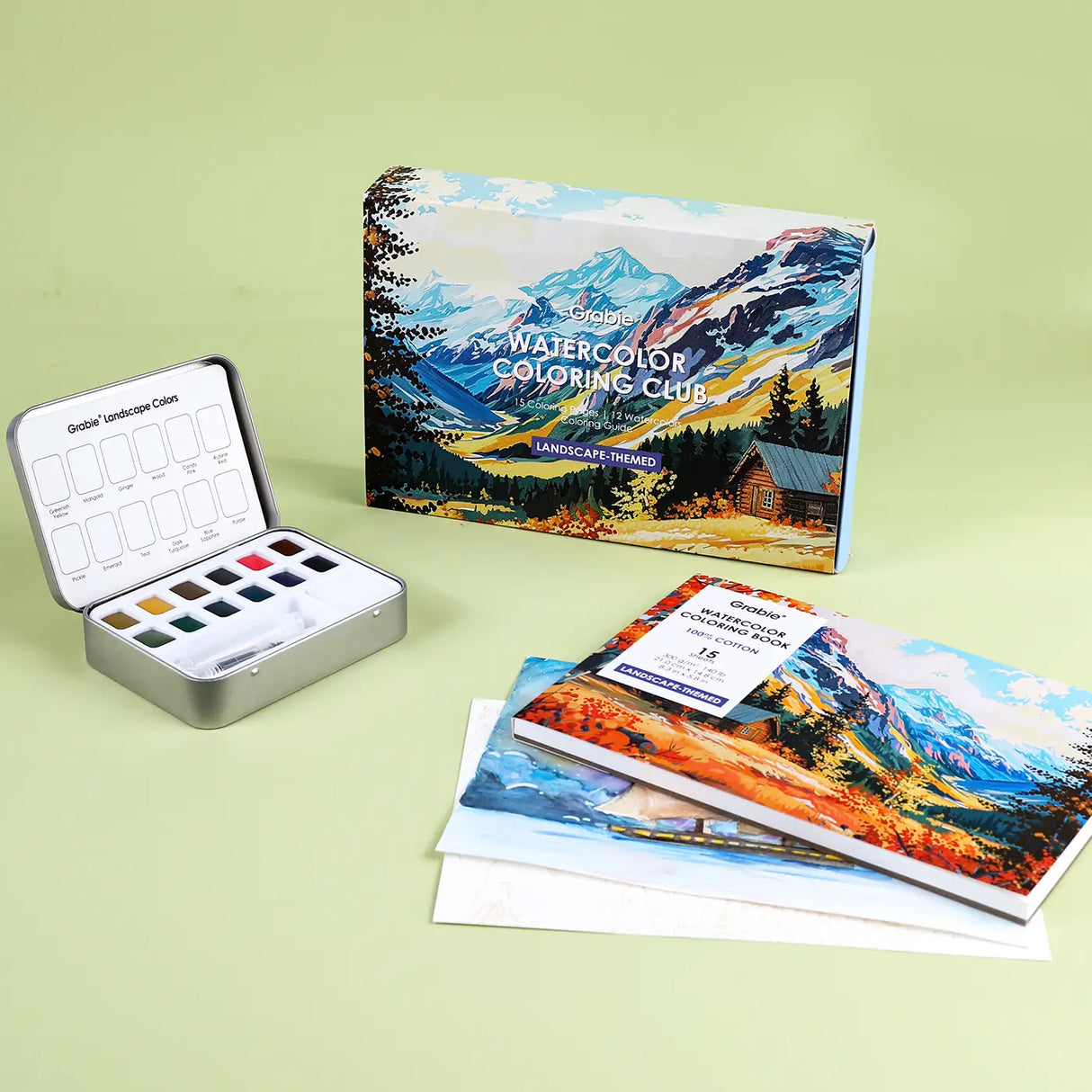 Grabie Watercolor Coloring Club Box - Landscape

A Landscape Coloring Journey – Perfect for nature lovers! This bundle includes a portable watercolor set and a beautifully illustrated coloring book, ideal for all skill levels. Enjoy a relaxing coloring experience.

Perfect Pairing for Nature Lovers – Thoughtfully designed, this set features a 12-color watercolor pocket set, curated with shades that capture the essence of nature, and a 15-sheet, 140LB landscape-themed watercolor coloring book. 