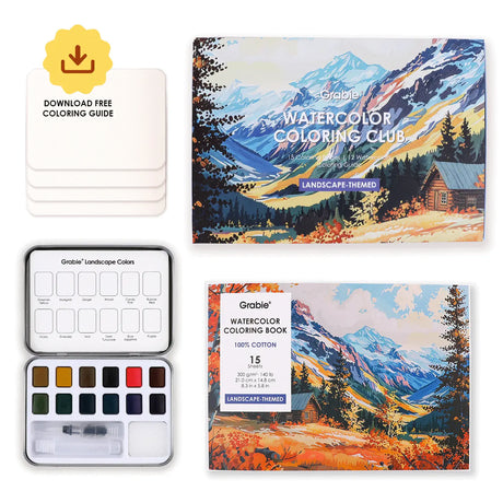 Grabie Watercolor Coloring Club Box - Landscape

A Landscape Coloring Journey – Perfect for nature lovers! This bundle includes a portable watercolor set and a beautifully illustrated coloring book, ideal for all skill levels. Enjoy a relaxing coloring experience.

Perfect Pairing for Nature Lovers – Thoughtfully designed, this set features a 12-color watercolor pocket set, curated with shades that capture the essence of nature, and a 15-sheet, 140LB landscape-themed watercolor coloring book. 