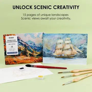 Grabie Watercolor Coloring Club Box - Landscape

A Landscape Coloring Journey – Perfect for nature lovers! This bundle includes a portable watercolor set and a beautifully illustrated coloring book, ideal for all skill levels. Enjoy a relaxing coloring experience.

Perfect Pairing for Nature Lovers – Thoughtfully designed, this set features a 12-color watercolor pocket set, curated with shades that capture the essence of nature, and a 15-sheet, 140LB landscape-themed watercolor coloring book. 