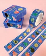 'Kitchen Club' washi tape roll, 15mm H x 10m L, in a recyclable card box.

Cute collection of fruit and veggie pals on a wobbly-check blue background.