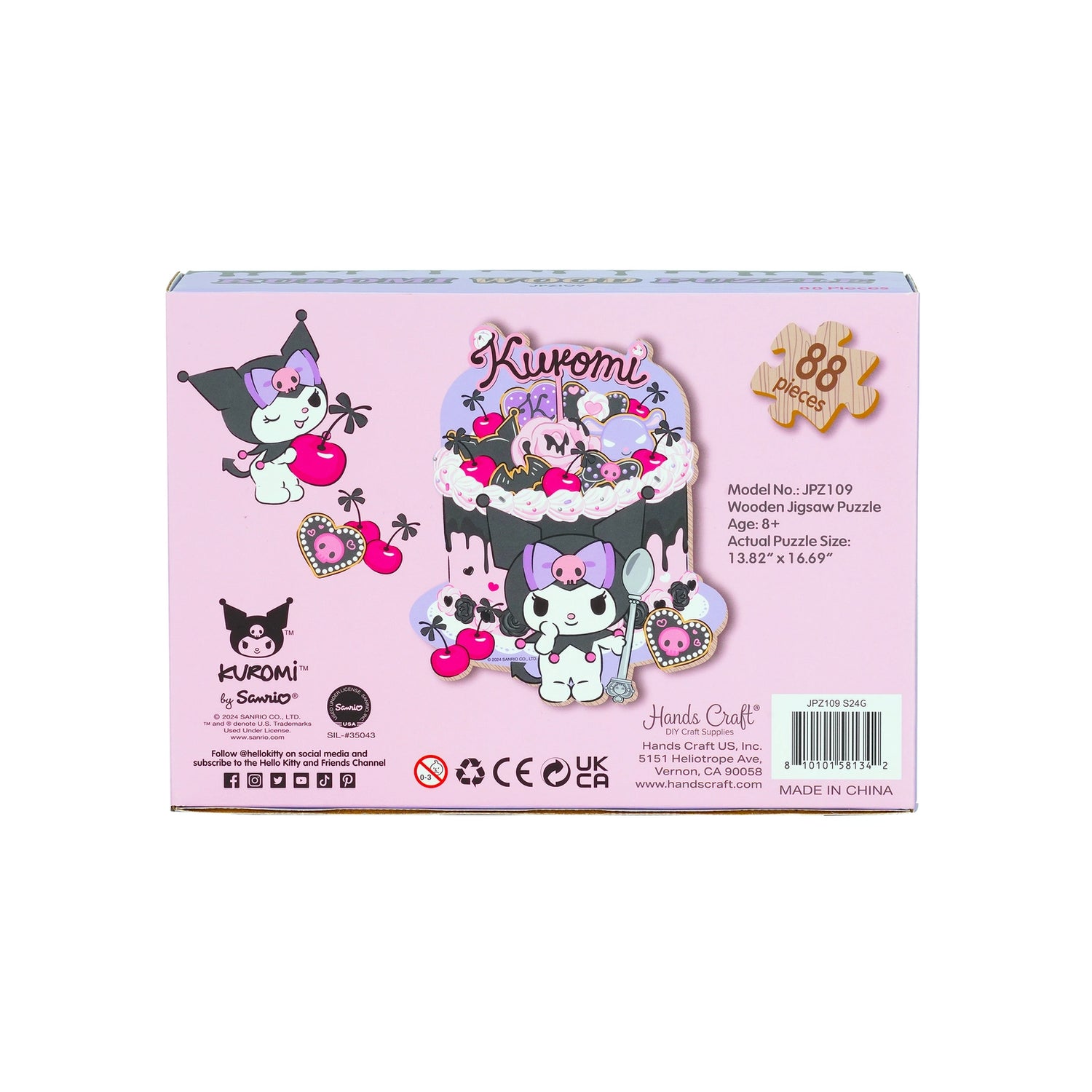 Discover joy with the Hello Kitty Wooden Jigsaw Puzzle: Kuromi Cherries and Cookies (88pcs). This officially licensed Sanrio product features iconic Hello Kitty in 96 vibrant wooden pieces. Crafted for durability and a seamless fit, it's a delightful challenge for fans of all ages 8+. Embrace positivity and bring Hello Kitty to life with this charming puzzle – perfect for relaxation and family fun. Display your completed masterpiece proudly and celebrate the timeless appeal of Hello Kitty.