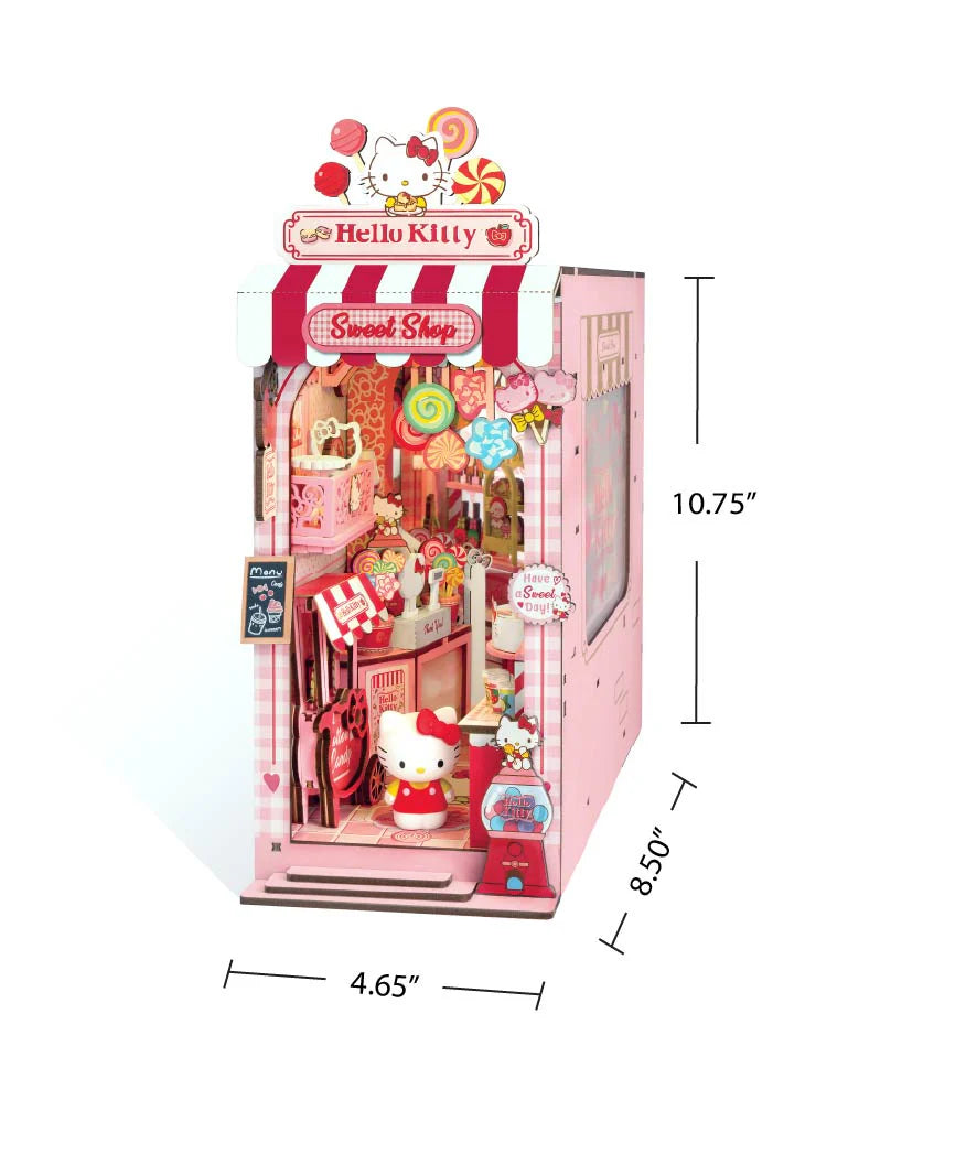 Step into a sugary dream with this irresistibly charming book nook kit, featuring Hello Kitty herself in a candy shop that's overflowing with sweetness and delight! From candy jars lining the shelves to pastel goodies peeking out from every corner, this magical miniature world is bursting with adorable, mouthwatering details.
And the showstopper? A dazzling lollipop chandelier that hangs like a crown jewel above the shop, casting a whimsical glow over the entire scene. It's a heart-melting centerpiece that 