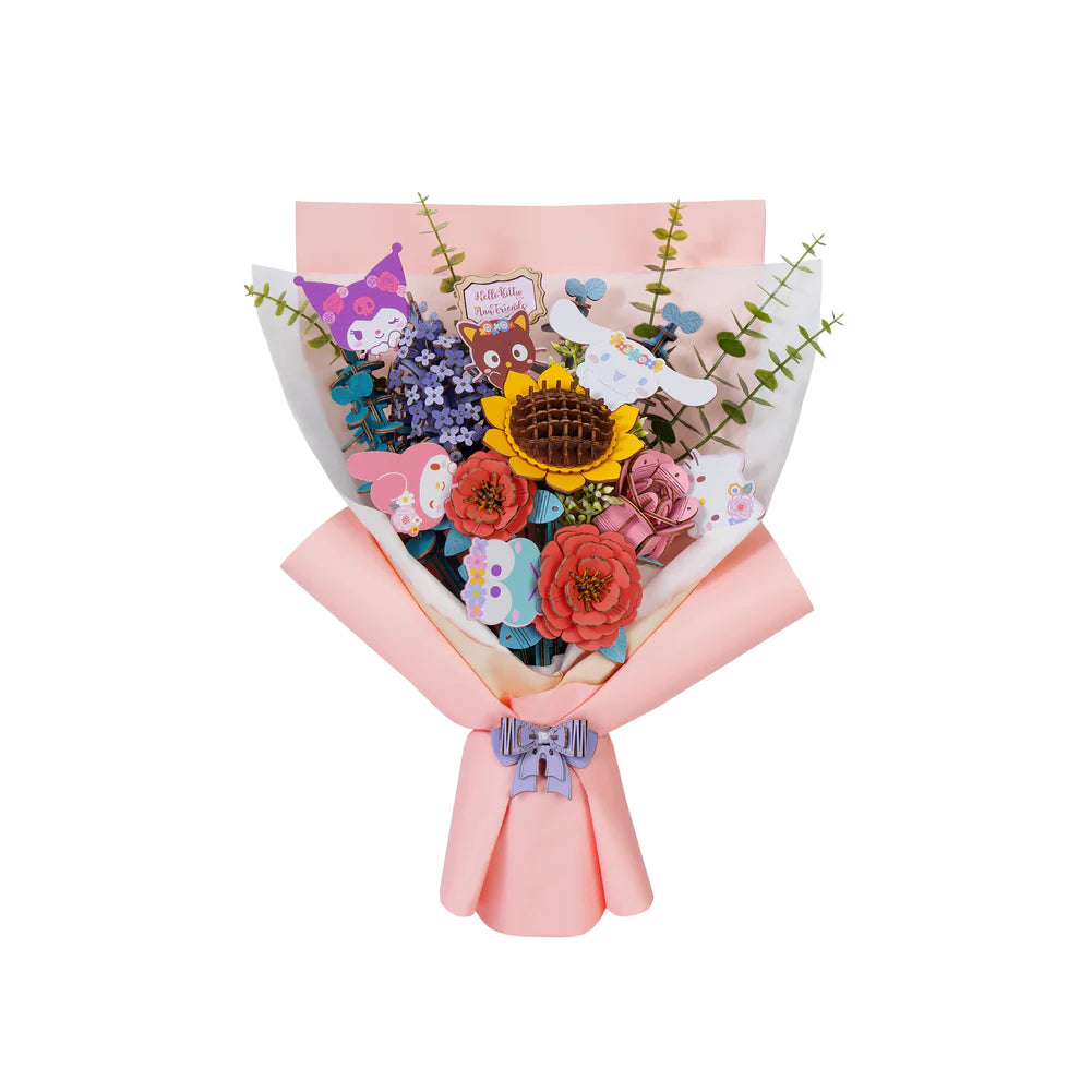 Bring a splash of joy and creativity to your home with the Hello Kitty and Friends 3D Wooden Flower Puzzle Bundle! This delightful set features intricately designed wooden flower pieces that can be assembled into a charming bouquet with Kuromi, Cinnamoroll, My Melody, Chococat, Keroppi, and, of course, Hello Kitty herself.