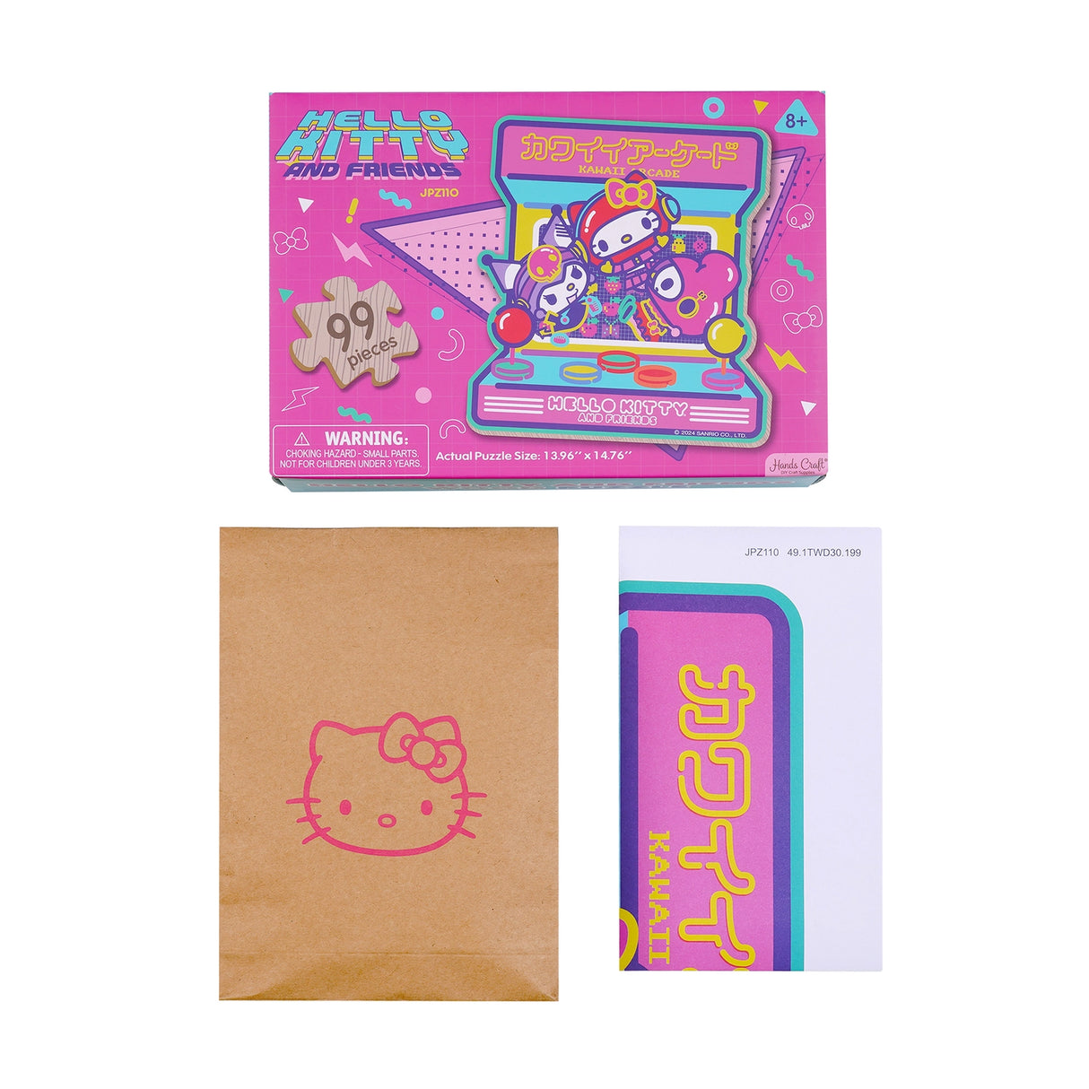 Discover joy with the Hello Kitty Wooden Jigsaw Puzzle: Kawaii Arcade (99pcs). This officially licensed Sanrio product features iconic Hello Kitty in 96 vibrant wooden pieces. Crafted for durability and a seamless fit, it's a delightful challenge for fans of all ages 8+. Embrace positivity and bring Hello Kitty to life with this charming puzzle – perfect for relaxation and family fun. Display your completed masterpiece proudly and celebrate the timeless appeal of Hello Kitty.