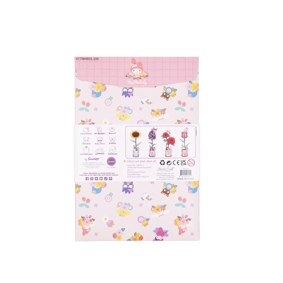 This 3D Wooden Puzzle Kit from Hands Craft lets your creativity bloom as you build a beautiful red camellia flower featuring the beloved My Melody character from Hello Kitty and Friends. Made from high-quality natural wood, the pieces fit together precisely, offering a fun and rewarding challenge for both adults and kids.
