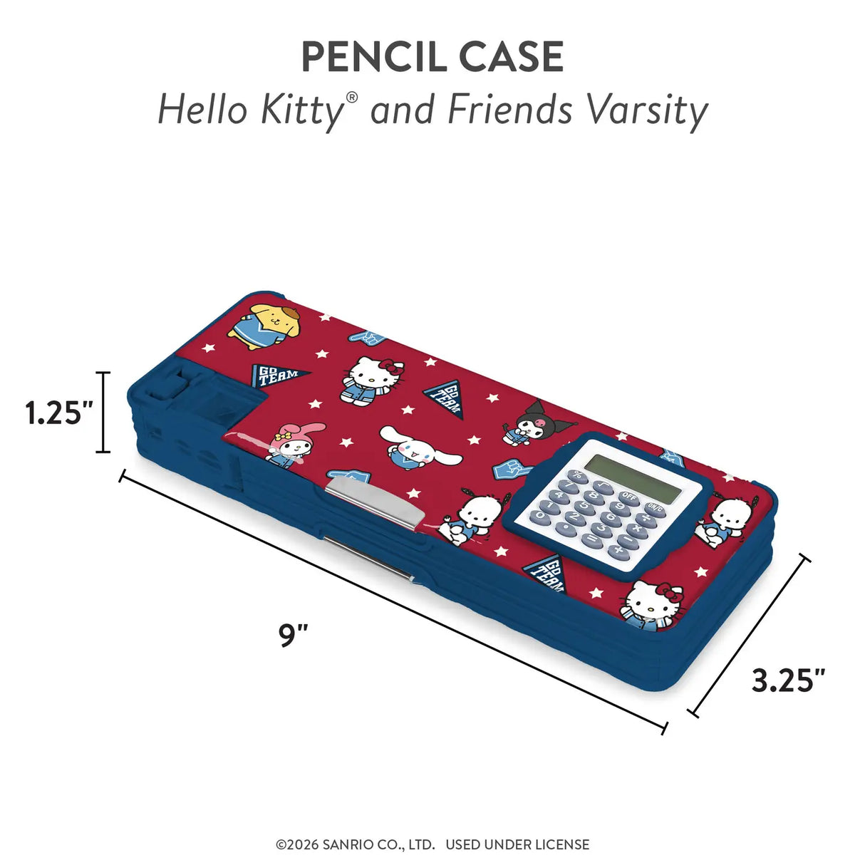 Stay organized with this Hello Kitty® and Friends Pencil Case! Featuring two roomy compartments, a flip-up calculator, a pencil sharpener, and a magnetic closure, it has plenty of space for pens, pencils, highlighters, and more. Perfect for Hello Kitty study supplies, Sanrio® school starter kits, and everyday student essentials, it’s a must-have for any kawaii desk setup. Plus, it makes a great gift for stationery lovers, coworkers, Sanrio fans, and more!