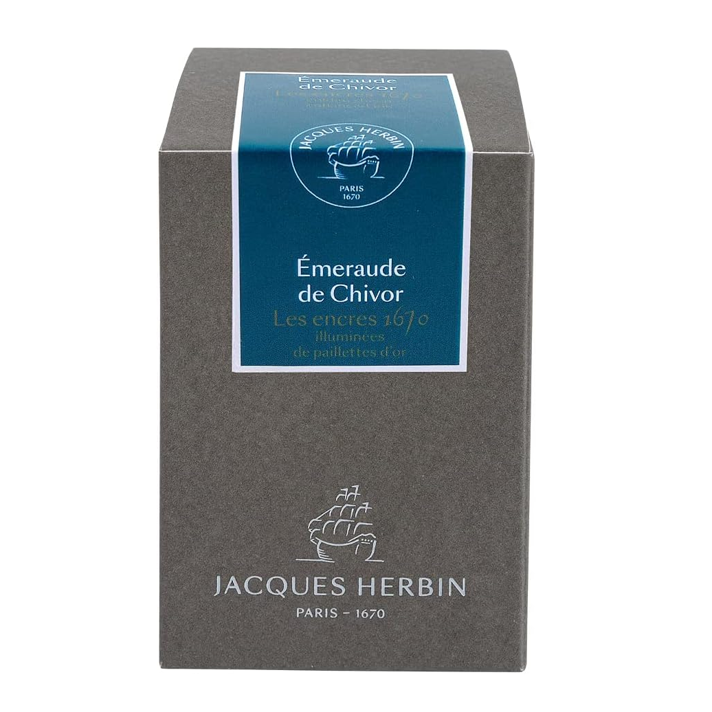 The 1670 Anniversary Collection celebrates the life of the 17th-century French adventurer, Jacques Herbin. Sailing from India, Monsieur Herbin arrived home to Paris with formulas for the now-famous Herbin inks and sealing waxes.

Enhanced with a luxurious, golden metallic sheen, these highly saturated inks will add an elegant luster to all your writing.&nbsp;

Chivor's Emerald, a bluish hue with green reflections, shimmers with golden glitter, providing a thousand lights for the ever-renewed pleasure of wri