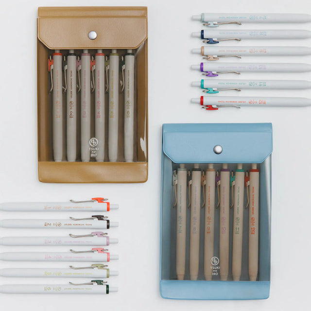The Hobonichi Techo uses 12 soft colors across the book. The TSUKI no IRO stationery series incorporates these colors into simple designs.

This set of six Uniball One pens features vibrant, bold ink colors selected in colors that go well with the printing colors used for each of the twelve months in the Hobonichi Techo.
The twelve colors are divided into two sets of six pens—one for January through June, and the other for July through December—each housed in an original case.
