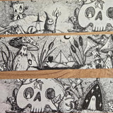 A unique and infinitely repeating fantasy landscape of melancholy oddities and curious characters, from original hand-drawn ink artwork by Jon Turner, recreated with incredible detail at miniature size in this washi tape that invites you to find new tiny details with every viewing.

This is a special extra-wide washi tape, 30mm high which really brings out all the tiny details. perfect for creating a decorative border when journalling, or for packing parcels with surreal style. 10m long.