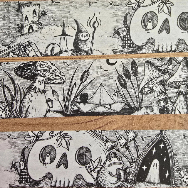 A unique and infinitely repeating fantasy landscape of melancholy oddities and curious characters, from original hand-drawn ink artwork by Jon Turner, recreated with incredible detail at miniature size in this washi tape that invites you to find new tiny details with every viewing.

This is a special extra-wide washi tape, 30mm high which really brings out all the tiny details. perfect for creating a decorative border when journalling, or for packing parcels with surreal style. 10m long.