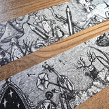 A unique and infinitely repeating fantasy landscape of melancholy oddities and curious characters, from original hand-drawn ink artwork by Jon Turner, recreated with incredible detail at miniature size in this washi tape that invites you to find new tiny details with every viewing.

This is a special extra-wide washi tape, 30mm high which really brings out all the tiny details. perfect for creating a decorative border when journalling, or for packing parcels with surreal style. 10m long.