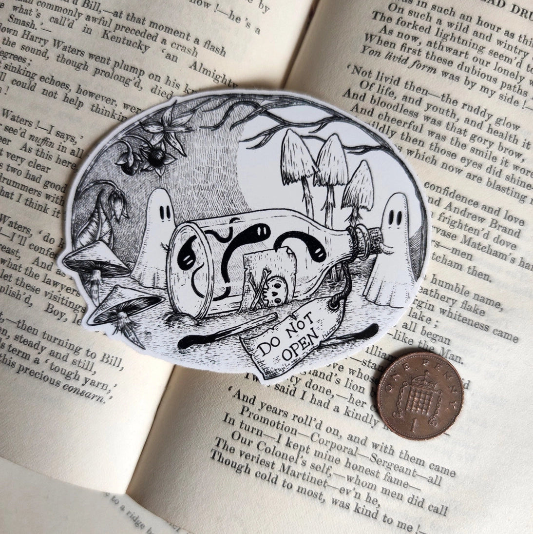 Two mischievous ghosties up to no good, and printed on a sticker to add some spooky charm to your laptop, water bottle, or any other surface. From my original pen and ink artwork.