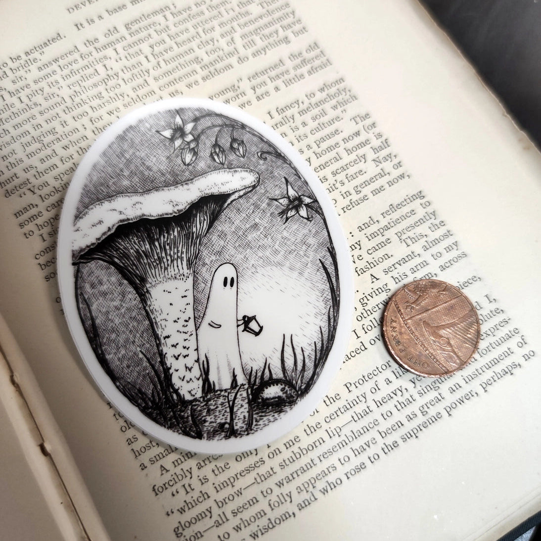 A little ghost creeping through the undergrowth, to add some spooky charm to your laptop, water bottle, or any other surface, from original pen and ink artwork by Jon Turner.