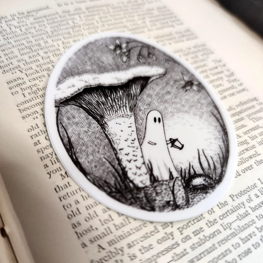 A little ghost creeping through the undergrowth, to add some spooky charm to your laptop, water bottle, or any other surface, from original pen and ink artwork by Jon Turner.