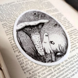 A little ghost creeping through the undergrowth, to add some spooky charm to your laptop, water bottle, or any other surface, from original pen and ink artwork by Jon Turner.