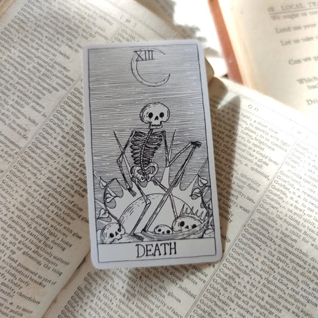 A spooky little tarot card, printed on a lovely vinyl sticker from original pen and ink artwork by Jon Turner.