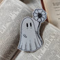 Die-cut vinyl sticker featuring an adorable ghostie pal with a flower for you! Design from an original Jon Turner ink drawing.