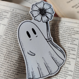 Die-cut vinyl sticker featuring an adorable ghostie pal with a flower for you! Design from an original Jon Turner ink drawing.