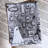 A little ghost and their gallery of art, printed on a sticker to add some spooky charm to your laptop, water bottle, or any other surface. From my original pen and ink artwork.