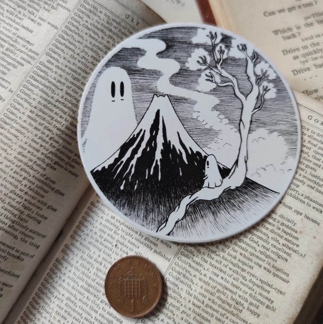 Two ghosties meet at Mt Fuji, in this original ink artwork by Jon Turner inspired by the style of the master Japanese printmaker Hokusai.