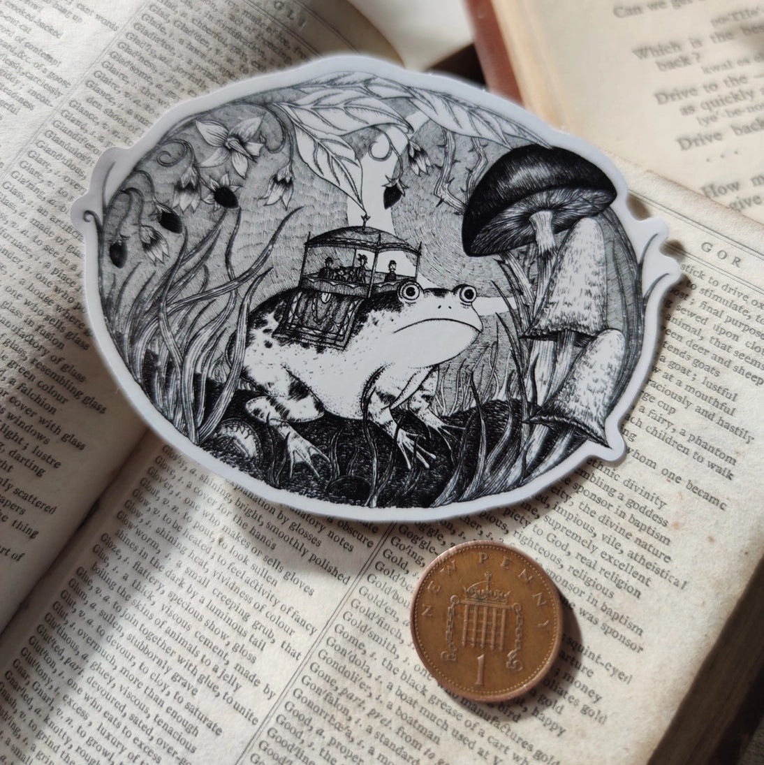 Ding ding ding, all aboard the froggy express! A lovely die-cut vinyl sticker from original pen and ink artwork by Jon Turner.