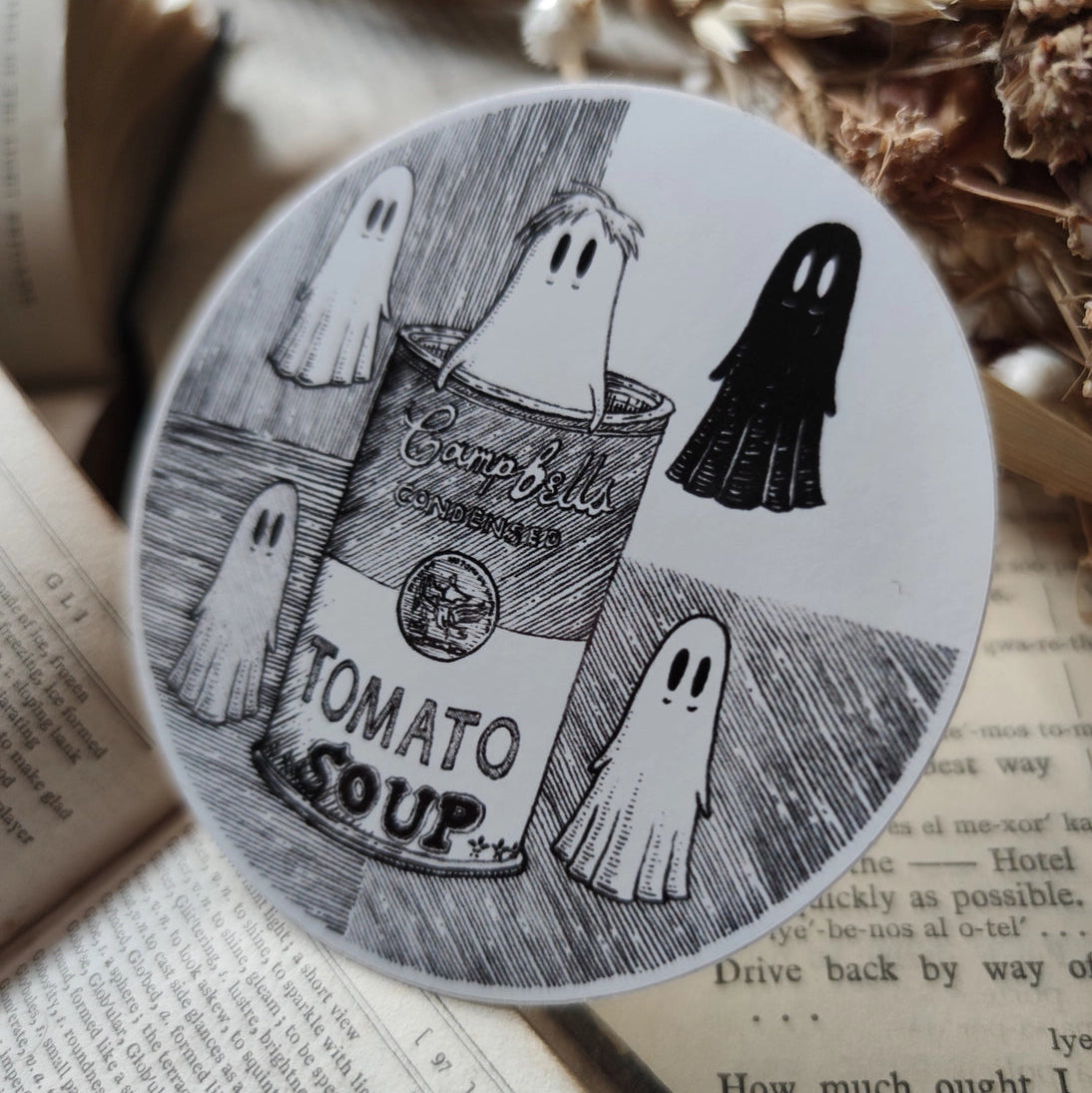 Five little pop-art ghosties and a soup can, inspired by Andy Warhol, from an original ink drawing by Jon Turner.