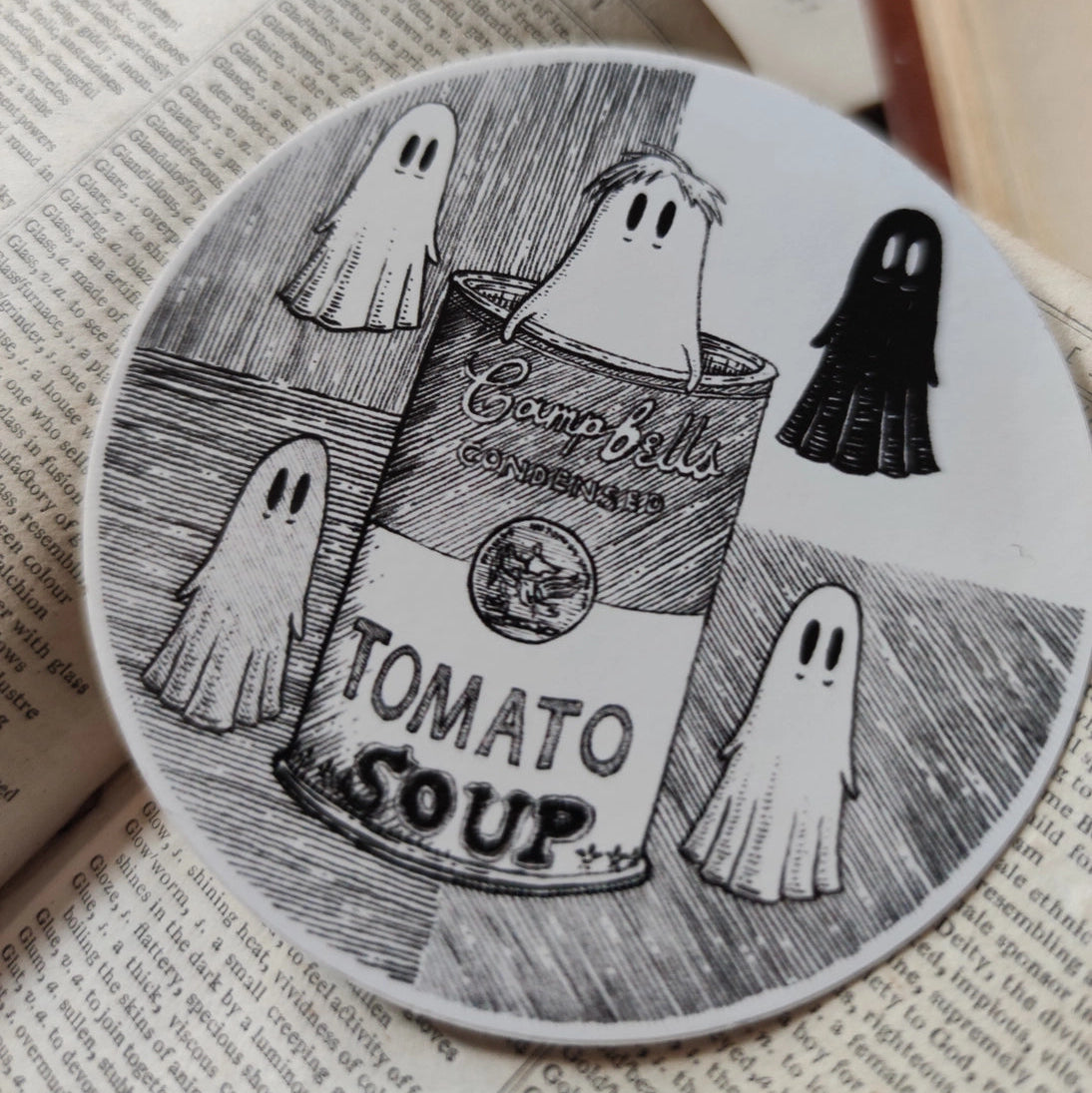 Five little pop-art ghosties and a soup can, inspired by Andy Warhol, from an original ink drawing by Jon Turner.