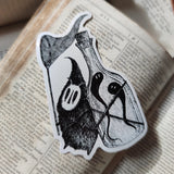 Die-cut vinyl sticker featuring a little bottle-backed ghost hunter, taken from Jon Turner's book Fragments.