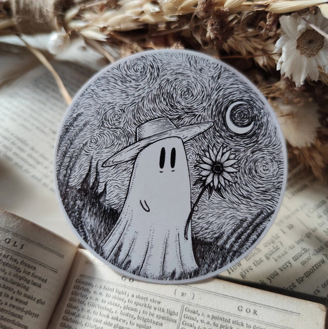 A little Van Gogh-inspired ghostie holding a sunflower beneath a starry night sky, from an original ink drawing by Jon Turner.