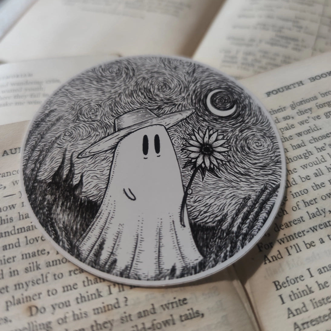 A little Van Gogh-inspired ghostie holding a sunflower beneath a starry night sky, from an original ink drawing by Jon Turner.