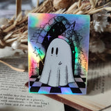 A magical ghostie off on a quest! A shiny quest! A lovely holographic sticker from original pen and ink artwork by Jon Turner.