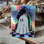 A magical ghostie off on a quest! A shiny quest! A lovely holographic sticker from original pen and ink artwork by Jon Turner.