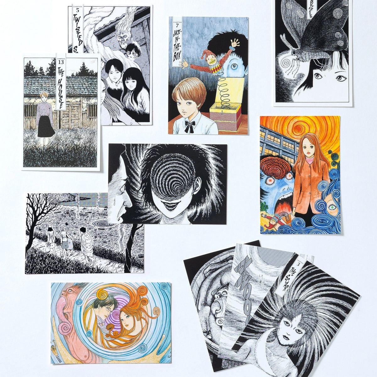 Spiral into horror with this deluxe, officially licensed set of 100 collectible postcards from legendary manga author Junji Ito. Each high-quality print showcases iconic artwork from Uzumaki, his bestselling manga series about a town cursed by spirals.

A four-time Eisner Award winner and New York Times bestselling author, Junji Ito has inspired generations of readers and creators with his legendary works of cosmic horror.