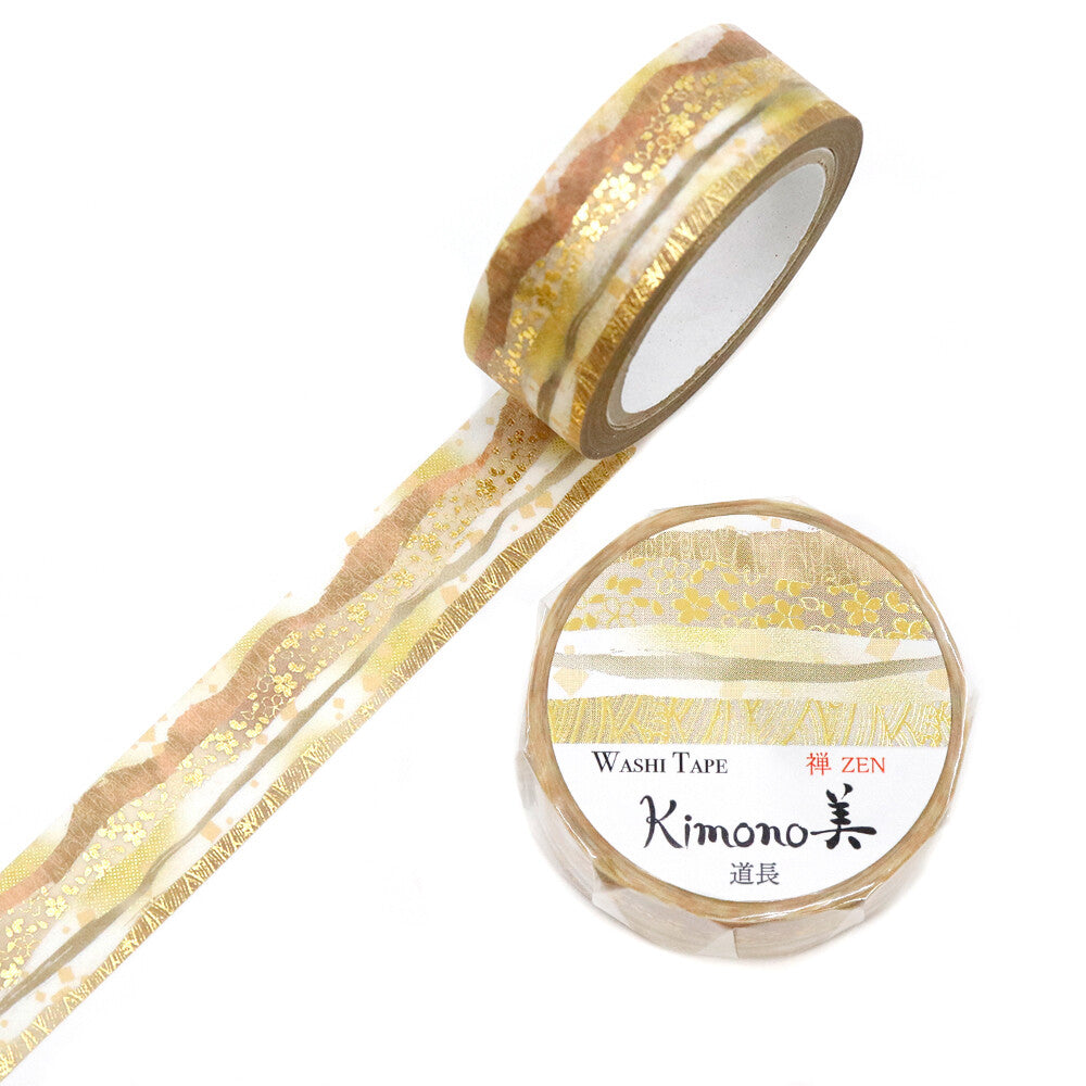 Add a touch of refined Japanese elegance to your crafts with the Kamiiso Zen Kimono Beauty Michinaga Washi Tape. Inspired by traditional kimono patterns and the serene aesthetics of Zen, this tape features soft beige and gold tones with shimmering foil details. Perfect for journaling, scrapbooking, gift wrapping, and decorative projects, it brings a graceful harmony to any design.
