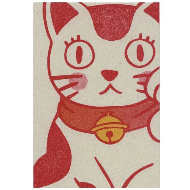 These are retro printed postcards by eraser printmaker Kanae Moriya, who
specializes in Japanese-style motifs, color schemes, patterns, and animal characterization.