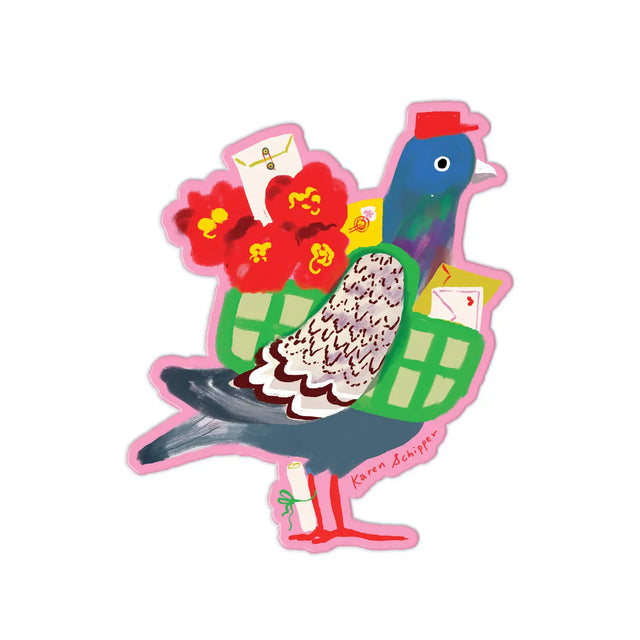 Karen Schipper - Pigeon Post Vinyl Sticker

A charming nod to snail mail, Pigeon Post Sticker features a colorful city pigeon delivering envelopes and bright red flowers tucked into a pair of green mail satchels. Equal parts whimsical and nostalgic, this playful illustration celebrates handwritten notes, happy mail, and the joy of sending something thoughtful.

Made from matte-coated, waterproof vinyl, it’s durable enough for laptops, planners, water bottles, and more.&nbsp;

Measures approximately 3 inches